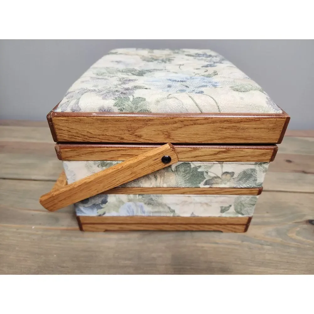 Vintage Oak Sewing Basket jewelry Hope box handmade Red Lining